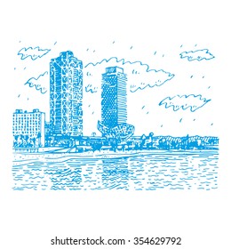 Barceloneta Beach in Barcelona, Catalonia, Spain. Drawn pencil sketch. Vector file
