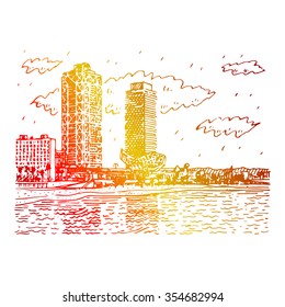 Barceloneta Beach in Barcelona, Catalonia, Spain. Vector freehand pencil sketch.
