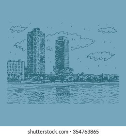 Barceloneta Beach in Barcelona, Catalonia, Spain. Drawn pencil sketch. Vector file
