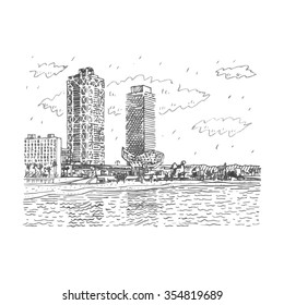 Barceloneta Beach in Barcelona, Catalonia, Spain. Drawn pencil sketch. Vector file
