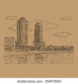 Barceloneta Beach in Barcelona, Catalonia, Spain. Drawn pencil sketch. Vector file
