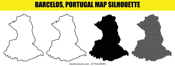 Barcelos portugal map silhouette collection with detailed border outlines and abstract digital pixelated patterns.