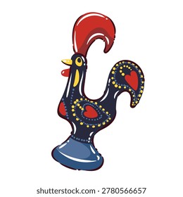 Barcelos rooster with red crest, black body, dotted ornaments, heart motifs, yellow beak and blue base. Portuguese folk symbol with Barcelos rooster, cartoon vector illustration.