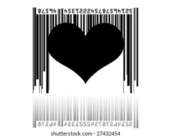 barcode and black heart on white background