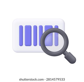 Barcode with black magnifying glass. Barcode scanning, product search, inventory management, retail tracking, logistics and product identification concept. 3d vector icon. Cartoon minimal style.