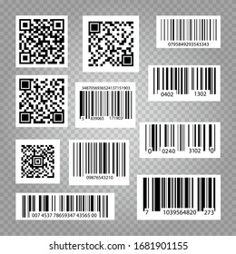 Conjunto de ilustraciones vectoriales en blanco y negro con código de barras. Información de código de vector, QR, almacenar códigos de escaneo. 