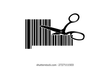 The barcode is cut with scissors, black isolated silhouette