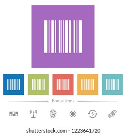 Barcode flat white icons in square backgrounds. 6 bonus icons included.