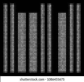 Barcode halftone vector icon. Illustration style is dotted iconic barcode icon symbol on a black background. Halftone texture is round blots.