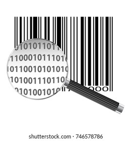 Barcode icon with magnifying glass showing binary data
