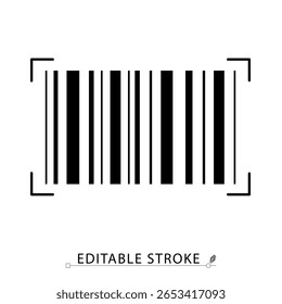 Um ícone de código de barras em estilo minimalista com traçado editável. Digitalização do produto, código de identificação, etiqueta de varejo, etiquetagem digital, rastreamento de inventário, elemento de comércio, ilustração vetorial de contorno.