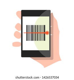 The barcode illustration with laser line. Black smartphone in hand. Vector picture in flat style
