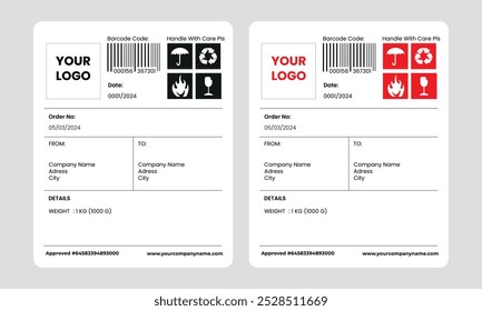 Plantilla de entrega de etiquetas de código de barras, íconos de carga, frágil, reciclar, pegatinas. Vector de Plantilla de código de barras de etiqueta de envío