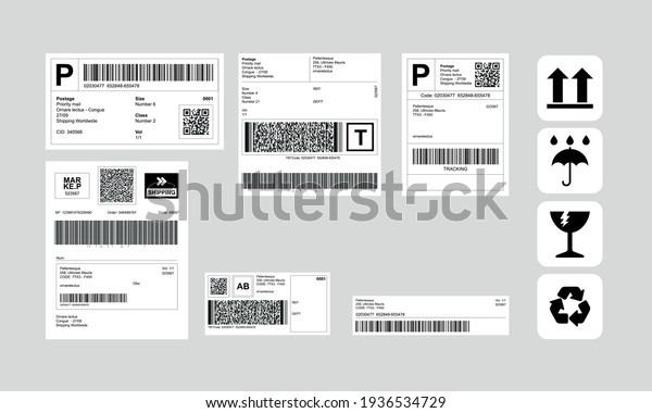 Barcode Label Delivery Template + Set of Cargo\
Icons, Fragile, Recycle,\
Stickers