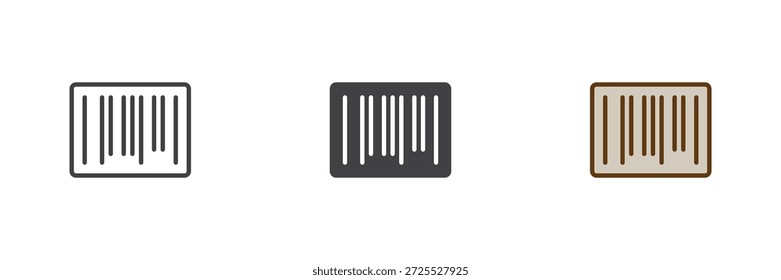 Strichcode-Beschriftung anderer Stil-Symbolsatz. Linie, durchgezogene und gefüllte Umrisse buntes Symbol, Vektorzeichen und Symbol. Barcode-Symbol für Lebensmittelprodukte, Scannen und Einzelhandelssymbol.