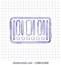 Barcode label icon. Circles instead of numbers. Hand drawn picture on paper sheet. Blue ink, outline sketch style. Doodle on checkered background