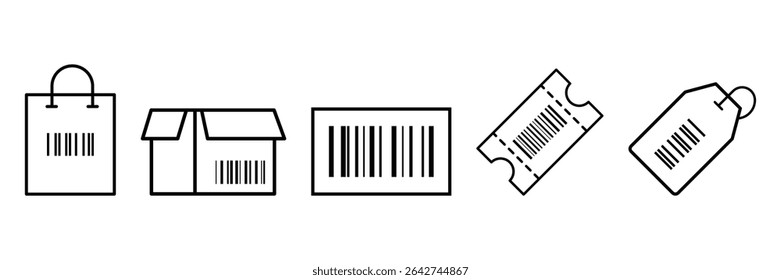 Icono de etiqueta de código de barras en la caja de la bolsa de la compra Paquete de boletos Embalaje Ilustración vectorial de símbolo de contorno de envío para la logística de comercio electrónico.