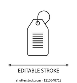 Barcode label linear icon. Thin line illustration. Linear bar code tag. Serial number. Store label with one dimensional barcode. Contour symbol. Vector isolated outline drawing. Editable stroke