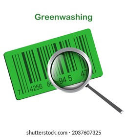 Barcode label, magnifying glass - vector. Quality control of environmentally friendly products. Greenwashing