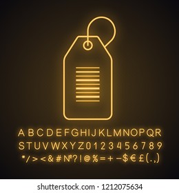 Barcode label neon light icon. Linear bar code tag. Serial number. Store label with one dimensional barcode. Glowing sign with alphabet, numbers and symbols. Vector isolated illustration