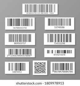 Barcode label set. Isolated flat QR and line bar code digital price datum symbol icon. Business tag sticker collection. Barcode label sign vector illustration