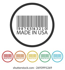 Barcode with label USA Made. Set icons in color circle buttons