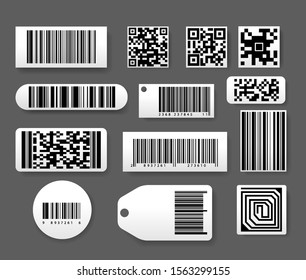 Barcode labels big set with 3d realistic style. Sticker, digital bar label and retail pricing bars, qr code on isolated background