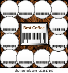 Barcode labels on a background of coffee beans. Food background. Vector illustration.