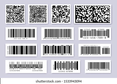 Etiquetas de código de barras. Etiqueta de producto pegatina de barras, códigos de barras y código qr industrial conjunto de símbolos aislados vectoriales. Códigos de identificación para la venta de productos, el seguimiento de mercancías y las etiquetas de identificación de inventario