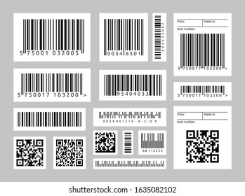 Barcode labels. Vector realistic set of scan bar label, QR codes, industrial price label isolated on white background. Black striped code for supermarket scanning, marketing and digital identification