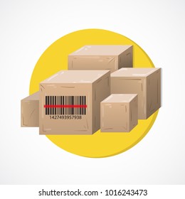 Barcode laser on the box icon. Isolated yellow supermarket background Vector design