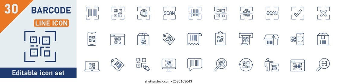 Barcode line icon set. Set of 30 outline icons related to barcode, QR code, payment barcode, product, scanner, mobile phone scanner and others. Editable stroke. Vector illustration.