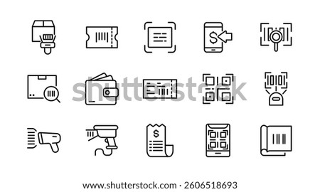 Barcode line icon set. QR code, scan, scan me, payment barcode, scanning process, product, and scanner outline icon collection. UI thin outline icon pack