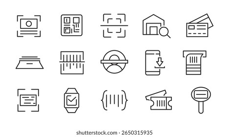 Barcode line icon set. register, barcode, tracking, tag, price, read, code, payment, QR Code, password. security system, scanner vector outline icon set. Ui thin line icon pack.