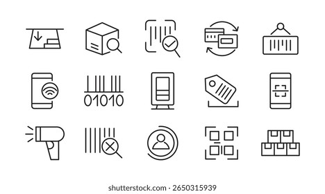 Barcode line icon set. register, barcode, tracking, tag, price, read, code, payment, QR Code, password. security system, scanner vector outline icon set. Ui thin line icon pack.