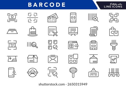 Barcode linear icon set. register, barcode, tracking, tag, price, read, code, payment, QR Code, password. security system, scanner line icon set. Ui thin line icon pack.