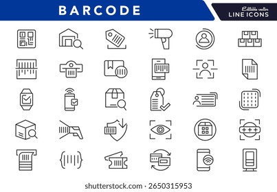 Barcode linear icon set. register, barcode, tracking, tag, price, read, code, payment, QR Code, password. security system, scanner line icon set. Ui thin line icon pack.