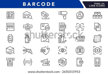 Barcode linear icon set. register, barcode, tracking, tag, price, read, code, payment, QR Code, password. security system, scanner line icon set. Ui thin line icon pack.