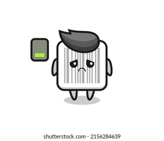 barcode mascot character doing a tired gesture , cute design