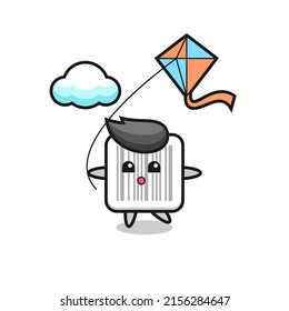barcode mascot illustration is playing kite , cute design