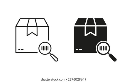 Barcode on Parcel Box with Magnifier Scanner Silhouette and Line Icon Set. Search Product Bar Code on Cardboard Package. Find Tracking Number Icon. Editable Stroke. Isolated Vector Illustration.