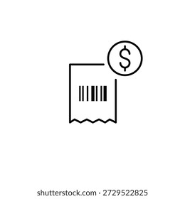 Código de barras en Comprobante y signo de dólar. Registro de transacciones, Precio del Completar compra. Icono de Vector de trazo perfecto y editable