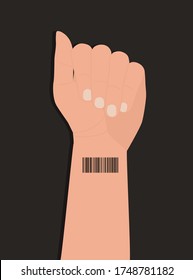 Barcode on the wrist of a human hand. The concept of genetic digital identification of people. ID card, bar code on the hand. Vector cartoon flat illustration. Isolated on a black background.