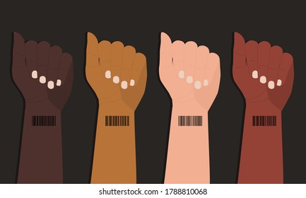 Barcode On Wrist Of Human Hands. Concept Of Global Digitalization And Control. International Struggle For Human Rights. Symbol Of Genetic Digital Identification Of People. ID Card, Bar Code On Hand