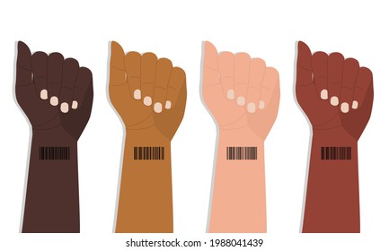 Barcode on the wrist of human hands. Hands with different skin colors are raised up in protest. International struggle for human rights. Bar code on hand - symbol of control, restriction of freedoms