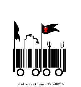 Barcode - Peasant Revolt - Graphic Barcode Transitioning Into Calixtin Flags And Agricultural Tools And Weapons