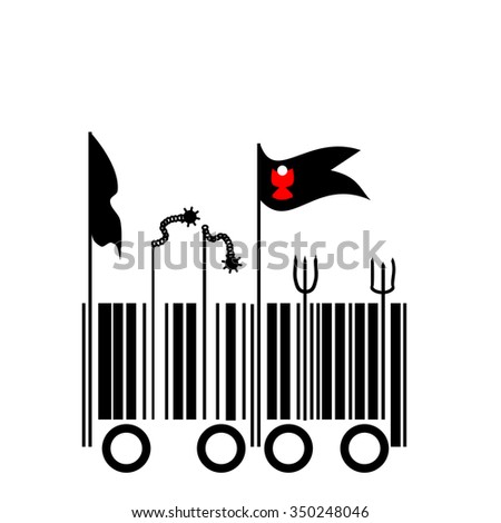 Barcode - Peasant revolt - graphic barcode transitioning into Calixtin flags and agricultural tools and weapons