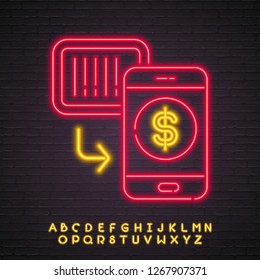 Barcode  with Phone Neon Light Glowing Vector Illustration Red Light Bright 