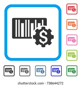 Barcode Price Setup Gear icon. Flat gray iconic symbol inside a light blue rounded frame. Black, gray, green, blue, red, orange color additional versions of Barcode Price Setup Gear vector.