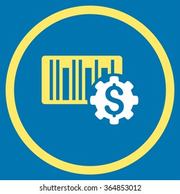 Barcode Price Setup vector icon. Style is bicolor flat circled symbol, yellow and white colors, rounded angles, blue background.